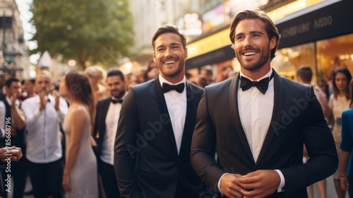 Two handsome men in formal attire smiling and walking confidently at an upscale outdoor social event.