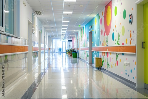 Brightly Decorated Hospital Children's Ward Corridor with Artwork and Colorful Walls