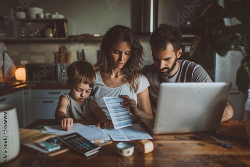 Family Budget Planning Together at Kitchen Table with Laptop