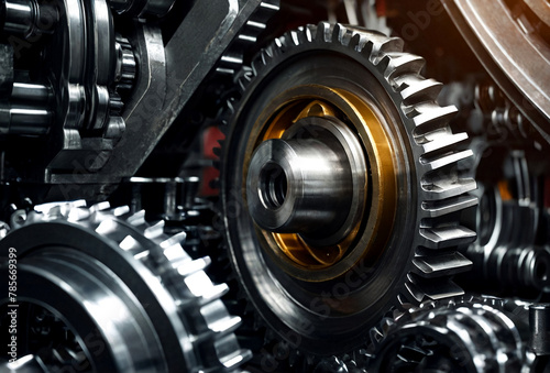 Close-up of crashed engine gear wheels in  industrial factory plant. View of engine gear wheels, close up. Industrialization and industry technology concept. Gen ai illustration. Copy ad text space © Alex Vog
