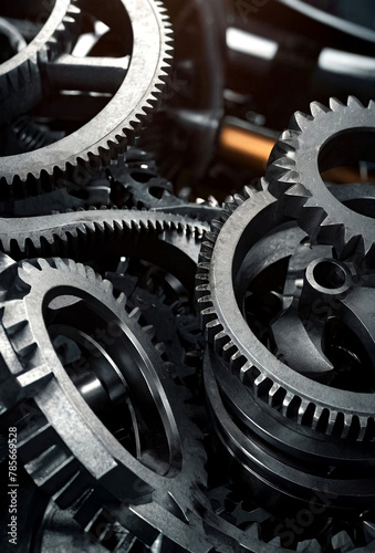 Close-up of crashed engine gear wheels in  industrial factory plant. View of engine gear wheels, close up. Industrialization and industry technology concept. Gen ai illustration. Copy ad text space