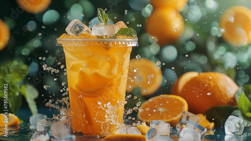 Cold summer orange with mint and ice cubes splash. Generated by AI