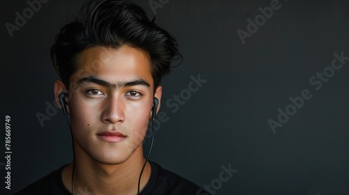A young man is listening to music with wireless earphones in a photo taken in a studio with a black backdrop.