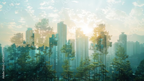Double exposure landscape of city downtown at sunset with skyline and green summer forest © Barosanu