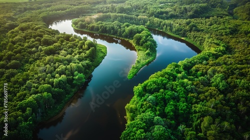 A birdseye view of a river winding through lush forested areas