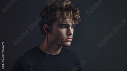 A young man is listening to music with wireless earphones in a photo taken in a studio with a black backdrop.