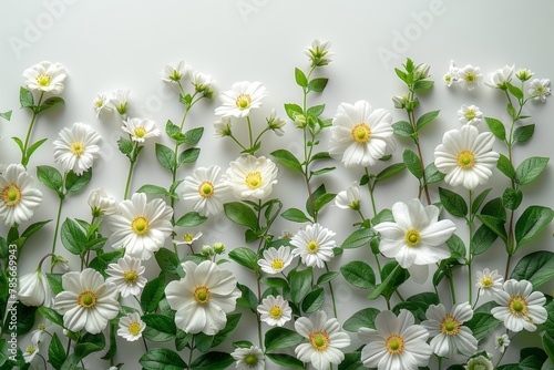 White Chamaemelum nobile flowers with green leaves on a white background photo