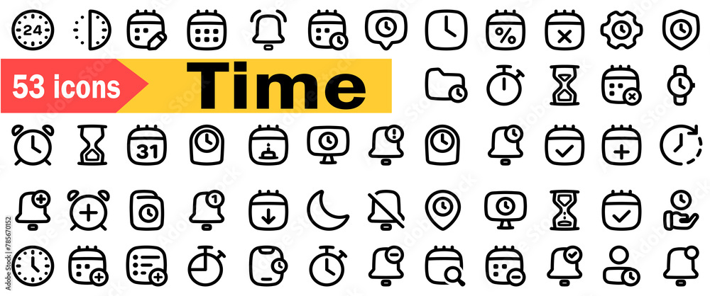 time icon set, black icons, sandglass timer isolated on white background, search, internet, ecommerce, social media. Big set Icons collection in trendy