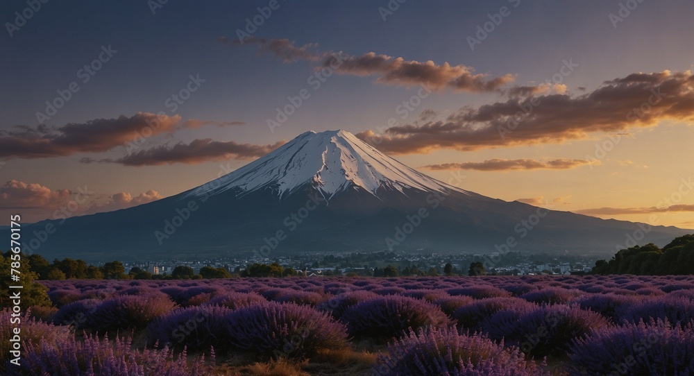 An ultra detailed, realistic, digital art, featuring Mt. Fuji: Showcase Japan's iconic landmark, Mt. Fuji, in different seasons and perspectives, from its majestic snow-capped peak to the surrounding 
