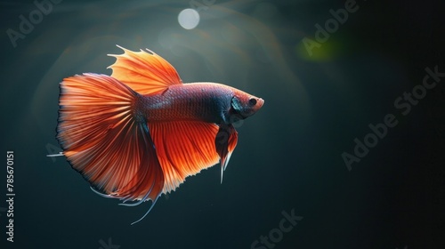 Betta fish, a Siamese fighting fish, known for its vibrant rosetail and half-moon shape, gracefully swims against a dark background. photo