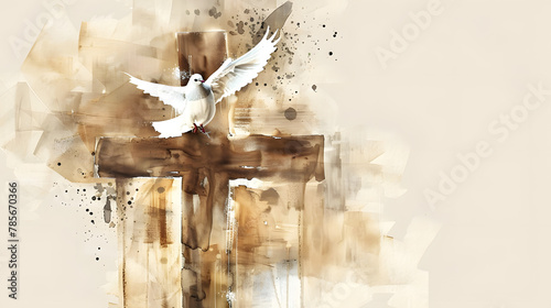 Religious religion greeting card concept background - Watercolor painting illustration of a christian cross with a dove of peace in beige brown colors photo
