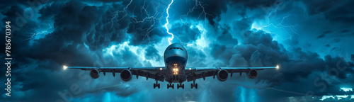 Jetliner braving turbulent weather with striking lightning photo
