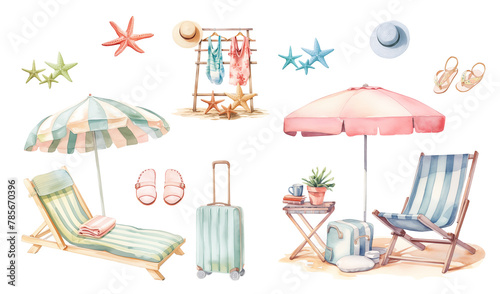 Watercolor summer isolated illustrations, palm trees and chaise lounge, beach umbrella, suitcase, beach vacation and travel clipart