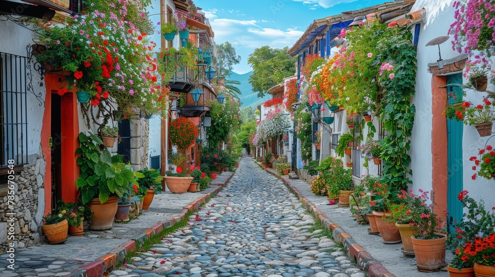 Cobblestone Street Lined With Colorful Flowers