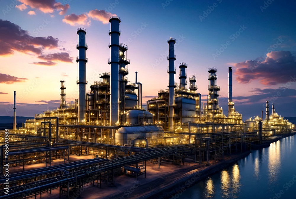 Oil and gas refinery factory at sky sunset background, petrochemical industrial. View of plant, gas storage tank. Manufacturing and industry technology concept. Gen ai illustration. Copy ad text space