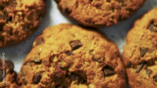 Top view of cookies on gray cement background. Cookies with chocolate HD video.