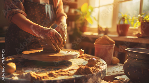A DIY pottery session in a sunlit studio with hands molding clay on a spinning wheel. photo