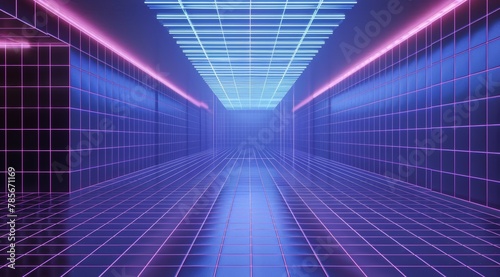 Illuminated Long Hallway With Neon Lights and Tiled Floors