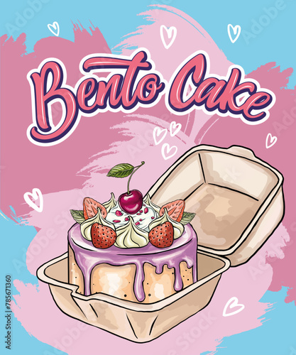 Cute shaped bento cake with strawberries. Romantic dessert. Valentine day and anniversary pastry food. Love sticker for card, poster, collage design.