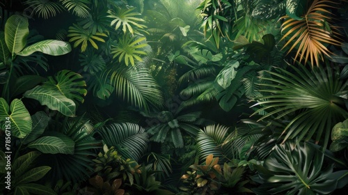 Lush greenery in a tropical jungle  with dark green leaves.