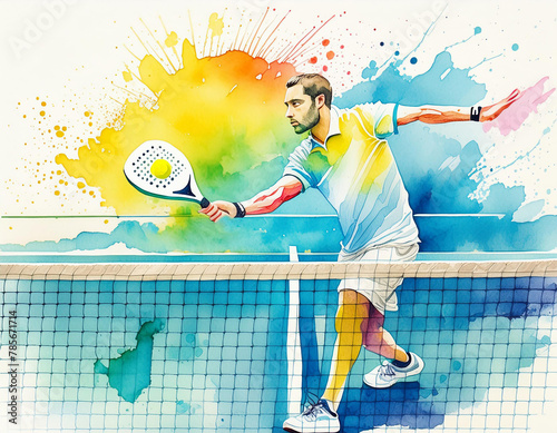 Padel player in mid-swing with vibrant watercolor effects
