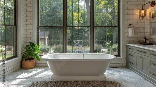 Modern Bathroom With Tub  Sink  and Large Windows