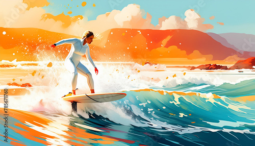 Hydrofoil surfer at sunset, vibrant colors, dynamic motion