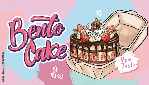 Cute shaped bento cake horizontal banner. Romantic dessert. Valentine day and anniversary pastry food. Love sticker for card, poster, collage design.