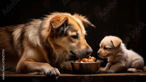 Mother dog and puppy feeding.
