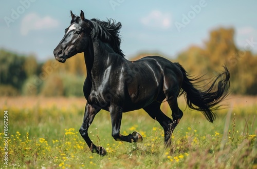 Black Horse Galloping in Grassy Field