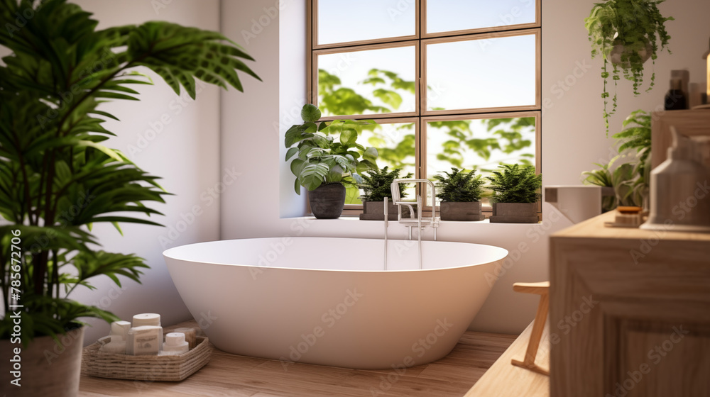 Baignoire dans une salle de bain style scandinave, avec bois, fenêtres et plantes. Naturel, clair, lumineux. Bien-être, douche, salle d'eau. Pour conception et création graphique. Baignoire dans une salle de bain style scandinave, avec bois, fenêtres et plantes. Naturel, clair, lumineux. Bien-être, douche, salle d'eau. Pour conception et création graphique.