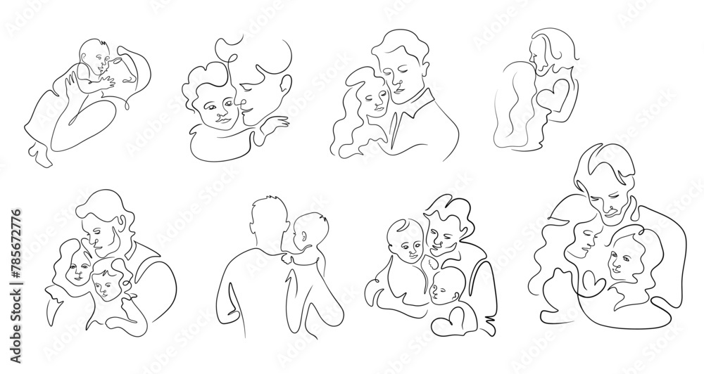 Set of father hug children, with daughter and son, in the line art style Set of father hug children, with daughter and son, in the line art style