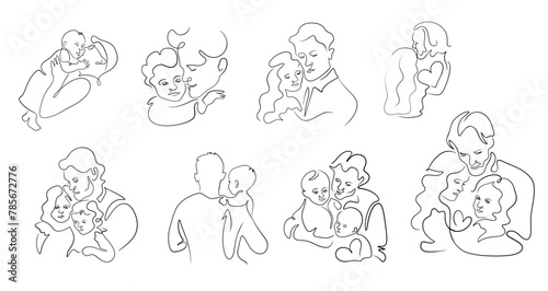 Set of father hug children, with daughter and son, in the line art style