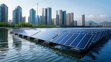 A floating solar farm on a city reservoir combining renewable energy production with water conservation.