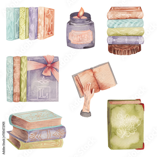 Set of watercolor cozy illustration on literature and book theme, stack of books, candle, vintage books, for book lovers, isolated hand drawn clipart on white background (ID: 785672901)