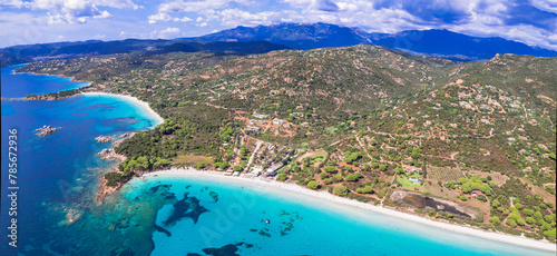 Best beaches of Corsica island. Aerial drone view of beautiful beaches near Porto Vecchio - Palombaggia, Tamaricciu, Folaca with turquoise sea and white sand