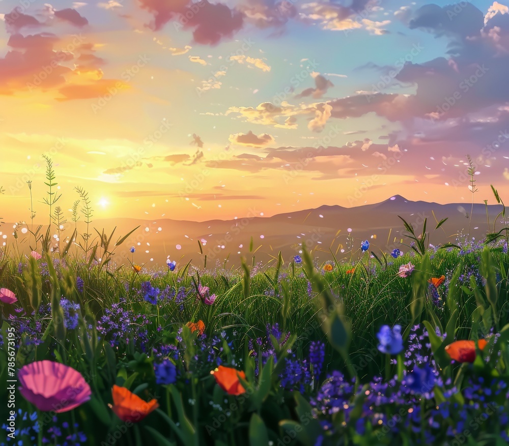 Vibrant Field of Flowers Under Sunset Sky