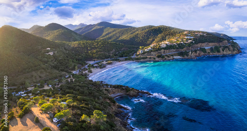 Scenic nature and beaches of Corsica island. aerial drone panoramic view photo