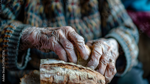 A frail elderly person carefully dividing a loaf of bread to last the week.