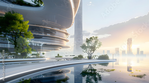 A futuristic smart building equipped with AI-driven energy systems and responsive design. photo