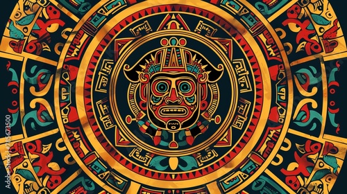
A vector illustration depicts the Mayan calendar, an ancient Mexican round stone adorned with hieroglyph symbols. This iconic artifact from Aztec culture represents their religion, photo