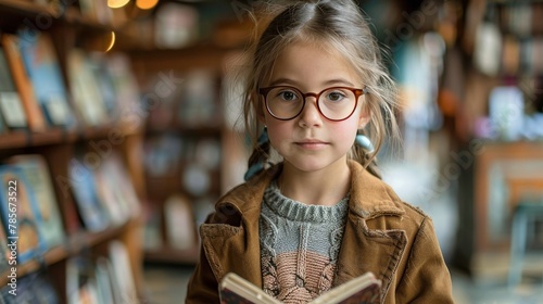 Young Girl Holding Book in Library
