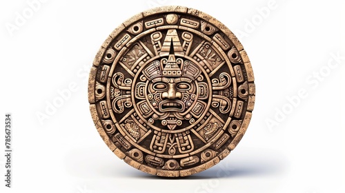 
A vector illustration depicts the Mayan calendar, an ancient Mexican round stone adorned with hieroglyph symbols. This iconic artifact from Aztec culture represents their religion,