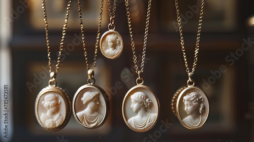Vintage necklaces featuring antique gold engraved jewelry, delicate gold chains, and ivory cameo portrait silhouettes depicting a child, a lady, and a gentleman as pendants. 