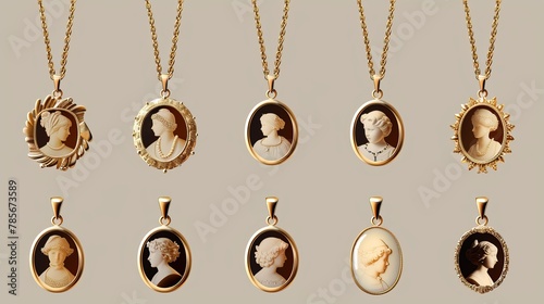 Wallpaper Mural Vintage necklaces featuring antique gold engraved jewelry, delicate gold chains, and ivory cameo portrait silhouettes depicting a child, a lady, and a gentleman as pendants.  Torontodigital.ca