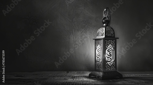 A black and white photograph captures a lamp adorned with Arabic text that reads 