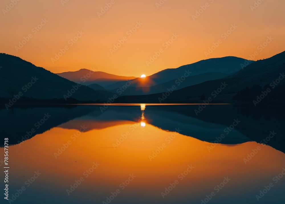 Sun Setting Over Lake With Mountains in Background