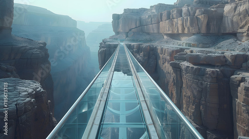 A glass-bottomed skywalk extending over a dramatic canyon offering breathtaking views while blending engineering marvel with natural beauty.