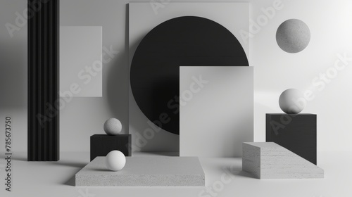 Obraz na płótnie Floating geometric shapes in a monochromatic palette AI generated illustration w salonie