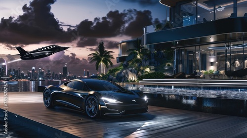 car with jet flying over a luxury modern waterfront villa photo
